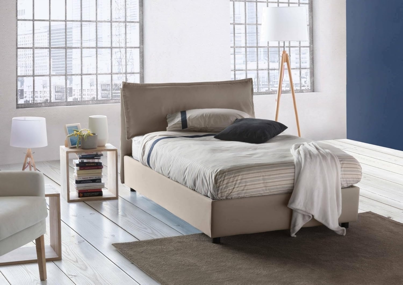 Talamo Italia Bett Veronica eineinhalb mit Container, Made in Italy, Kopfteil und Stoffbezug, Frontöffnung, passend für 120x190 cm Matratze, Taupe Bild 1