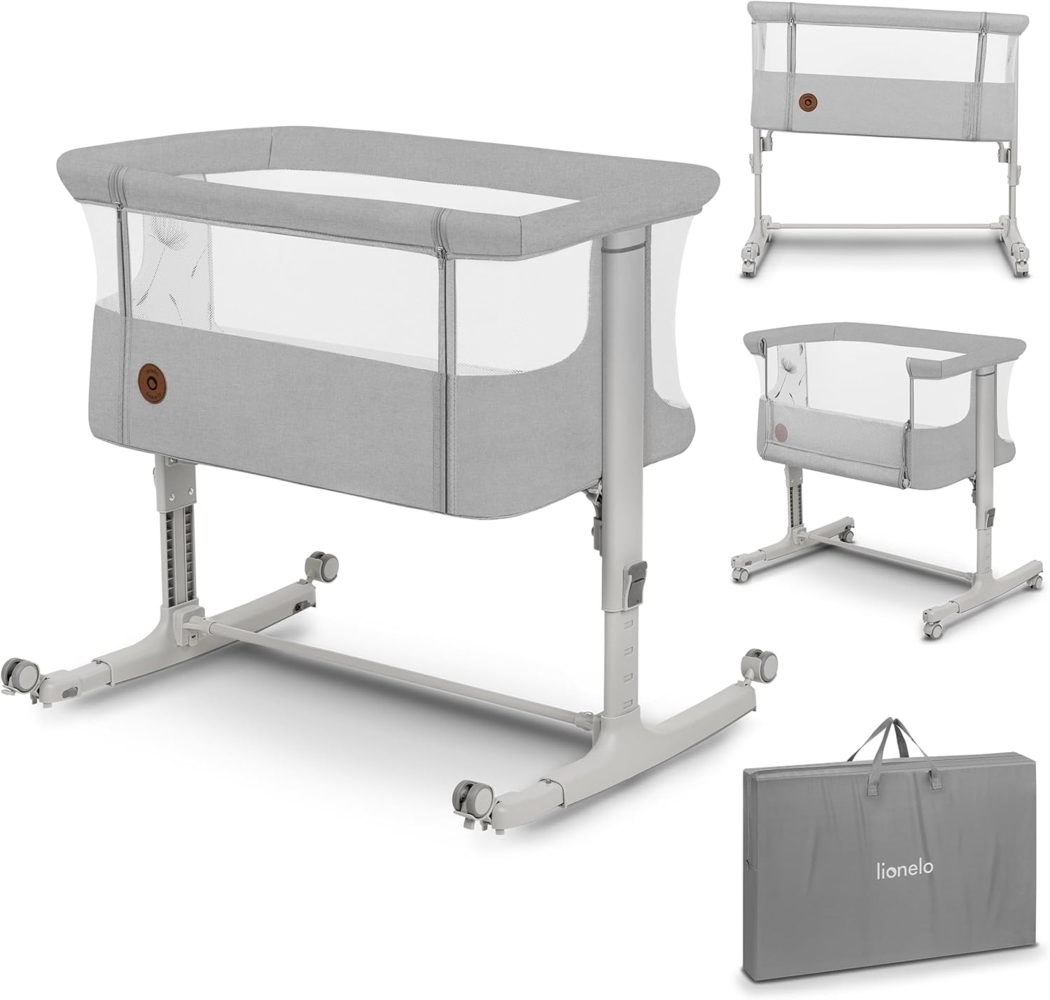 lionelo Aurora 3in1 Baby Nachttisch Co-Sleep für Babys ab Geburt bis 9 kg, verstellbare Höhe & Neigung, Matratze, 4 feststellbare Räder, atmungsaktive Mesh-Einsätze, tragbar, waschbar, Tragetasche, Bild 1