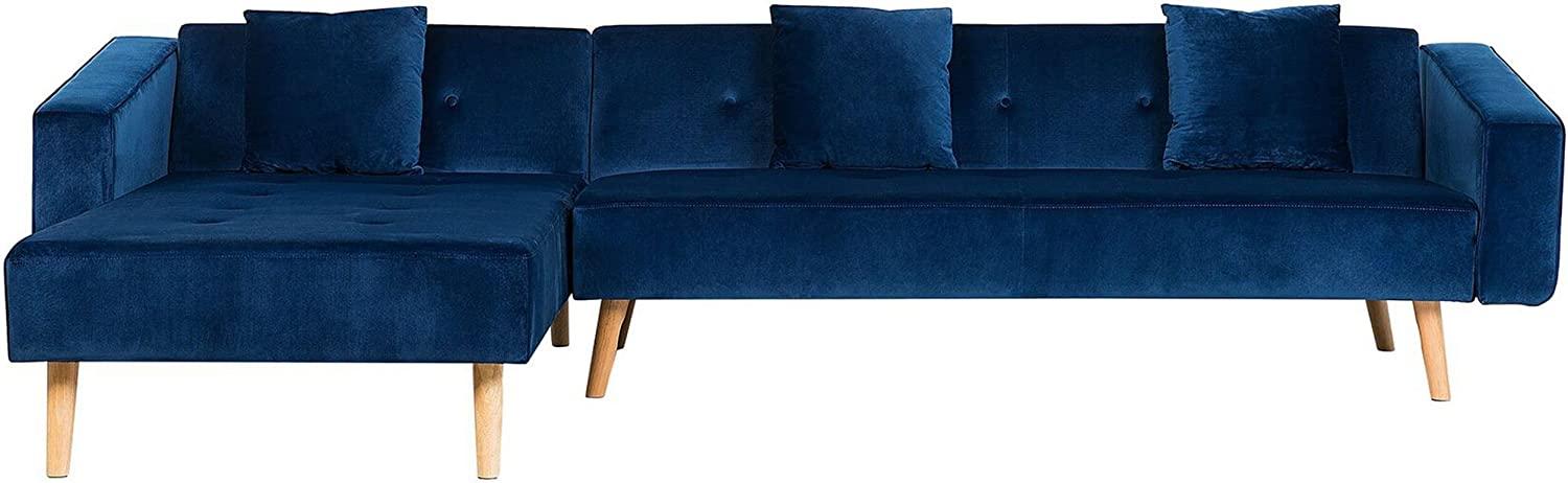 Ecksofa mit Schlaffunktion Samtstoff blau rechtsseitig VADSO Bild 1