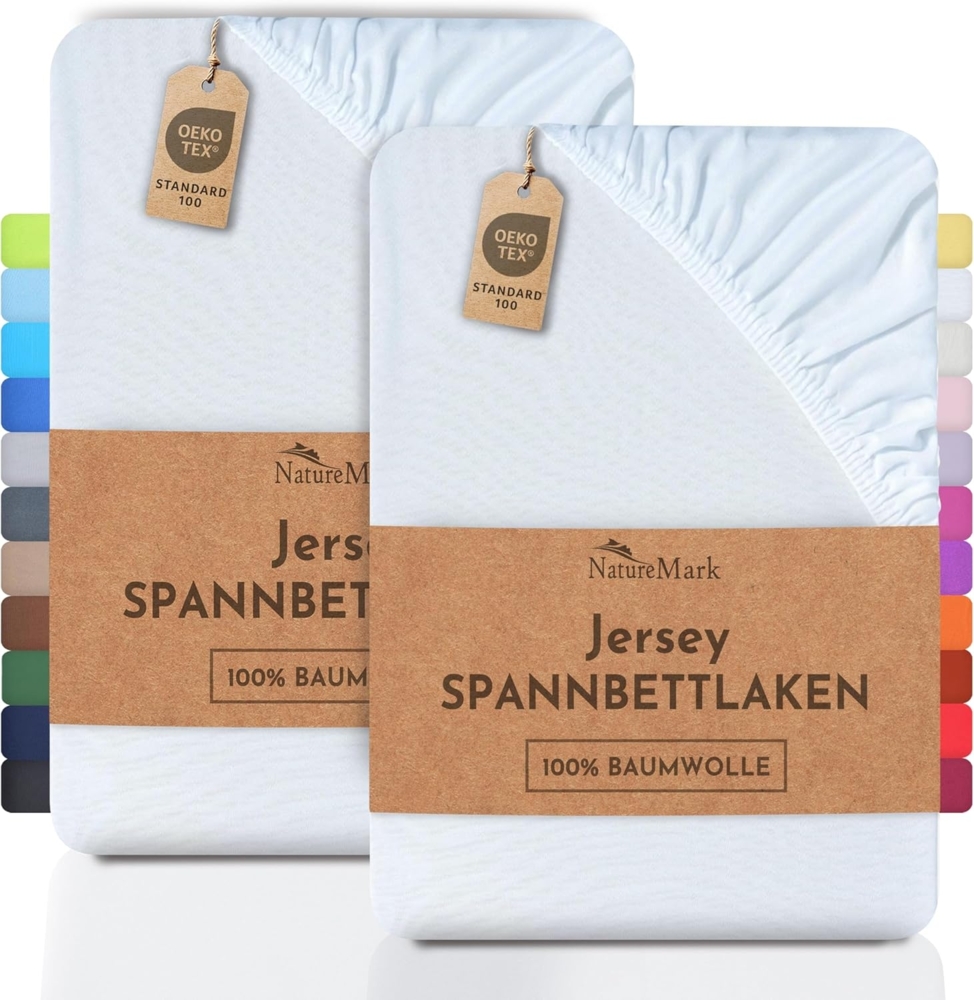 NatureMark 2er Pack Jersey Spannbettlaken, Spannbetttuch 100% Baumwolle in vielen Größen und Farben MARKENQUALITÄT ÖKOTEX Standard 100 | 120x200 cm - weiß Bild 1