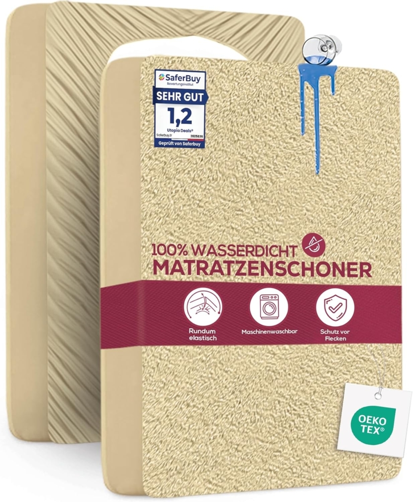 Utopia Bedding Matratzenschoner 160 x 200 x 30 cm Wasserdicht, Oeko-TEX Zertifiziert Matratzenauflage Atmungsaktive, Matratzenschutz, Rundum Elastisch Beige Bild 1