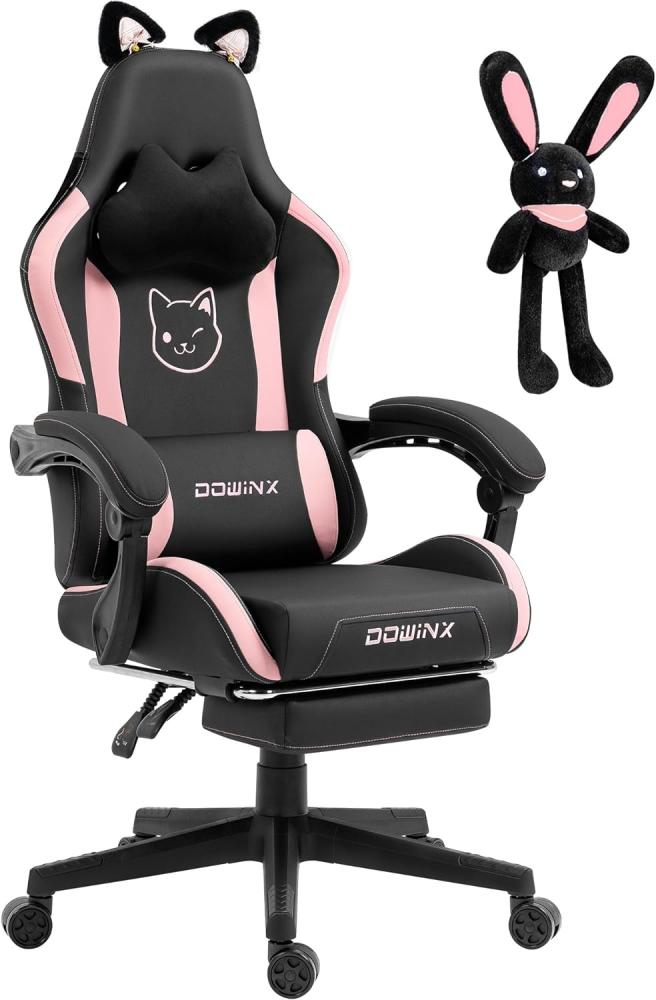 Dowinx Gaming Stuhl - Süße Katze Edition - Ergonomischer Computerstuhl mit Hoher Rückenlehne und Lendenwirbelstütze, PU-Leder, Fußstütze, Schwarz Bild 1