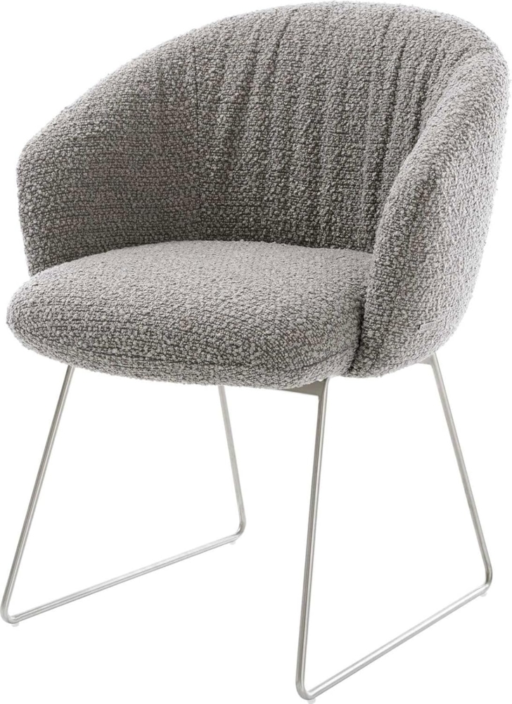 Esszimmerstuhl Caja-Flex mit Armlehnen Bouclé Silbergrau Kufengestell Edelstahl Taschenfederkern Bild 1