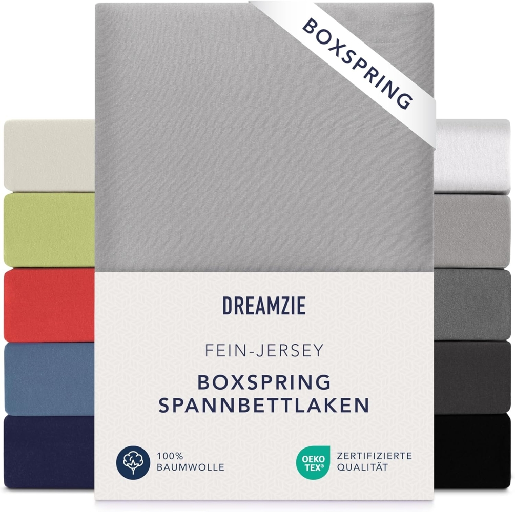 Dreamzie Premium Spannbettlaken 180x200 cm - 200x200 cm - 37cm Seitenhöhe - auch für Boxspringbett & Wasserbett - Bettlaken Boxspringbett 100% Jersey Baumwolle, 150 g/m² - Oeko-TEX - Grau Bild 1