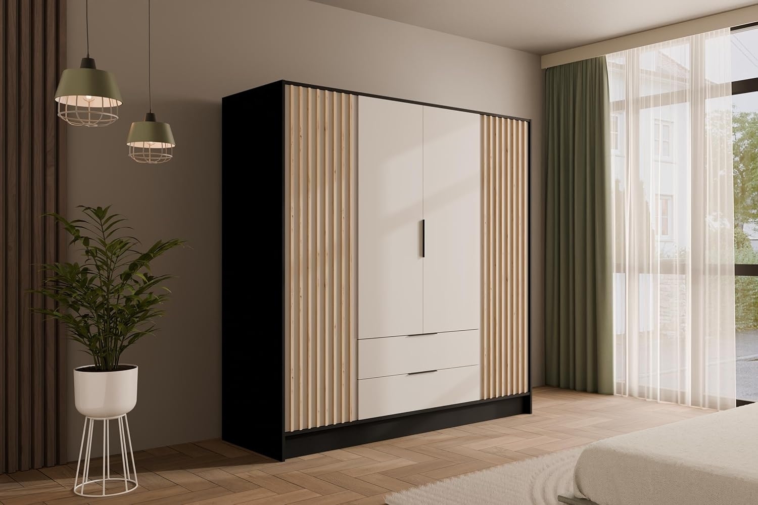 ALTDECOR Drehtürenschrank NELIA (Kleiderschrank Garderobenschrank mit viel Stauraum, Moderner Schrank) Vielseitiger Drehtürenschrank mit Spiegeltüren Spiegel Lamellen Bild 1