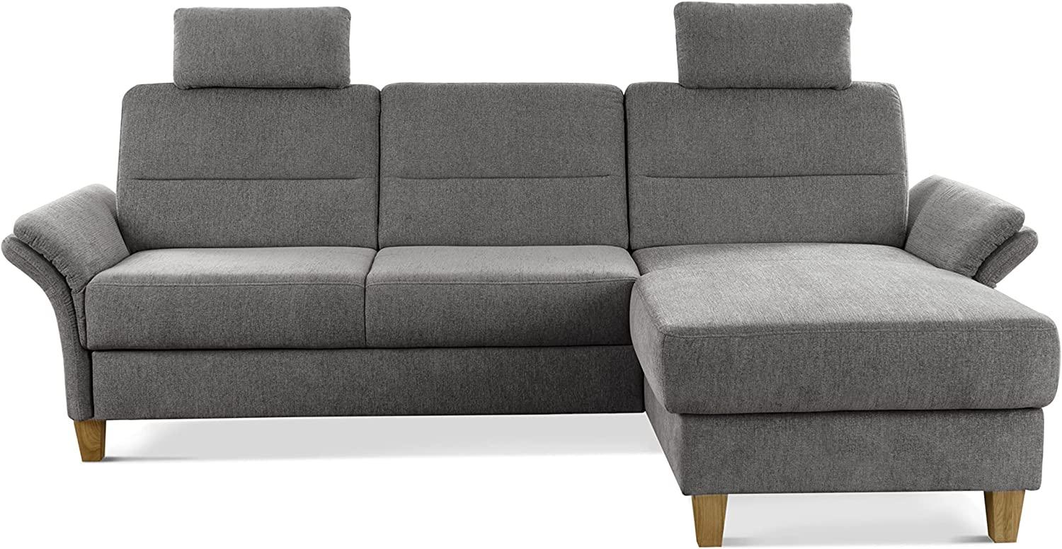 CAVADORE Ecksofa Wyk mit Federkern / Eckcouch im Landhaus-Stil mit Longchair, 2 Kopfstützen + Holzfüßen / 252 x 90 x 162 / Chenille, Grau Bild 1