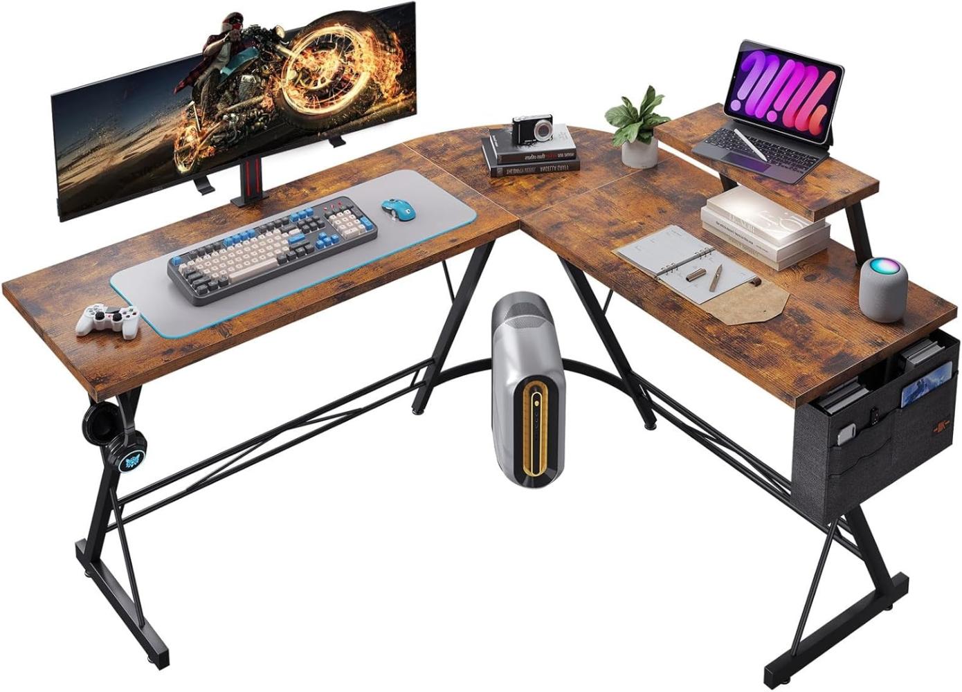 ODK L-förmiger Gaming-Schreibtisch mit runder Ecke, Schreibtisch mit Monitorständer, Computertisch für Home-Office, L-Schreibtische für Schreiben Arbeitsplätze (Klassisches Braun Desk, 147 x 120 cm) Bild 1