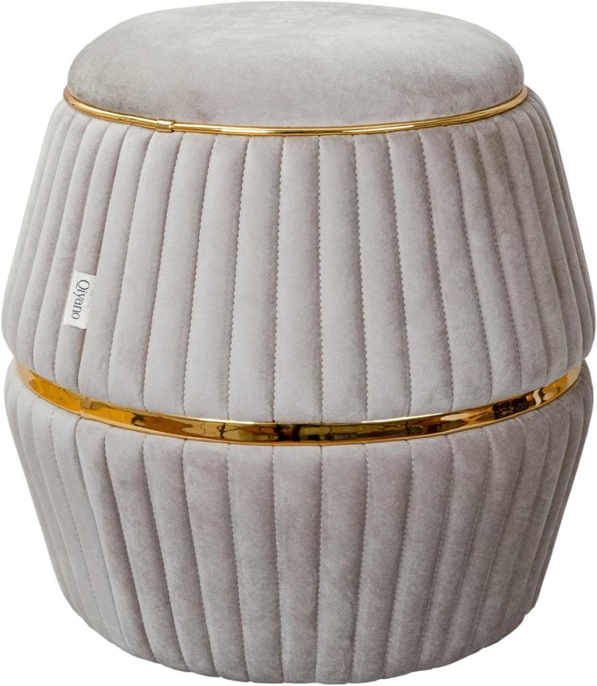 Qiyano Pouf Sitzhocker Hocker aus weichem Samtstoff in Zylinderform in Taupe mit Ziernähten und Kunstlederverzierung in Gold, Höhe ca. 52 cm, Durchmesser ca. 53 cm, Farbe: Taupe Bild 1