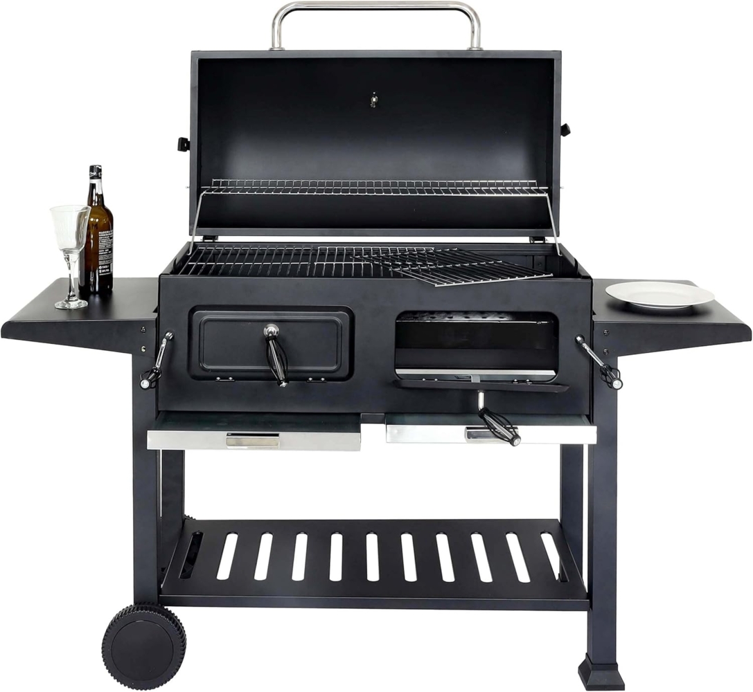 Holzkohlegrill HWC-K94, Grillwagen Standgrill BBQ Gartengrill mit Deckel Ablage, Stahl Emaille 110x153x60cm schwarz Bild 1