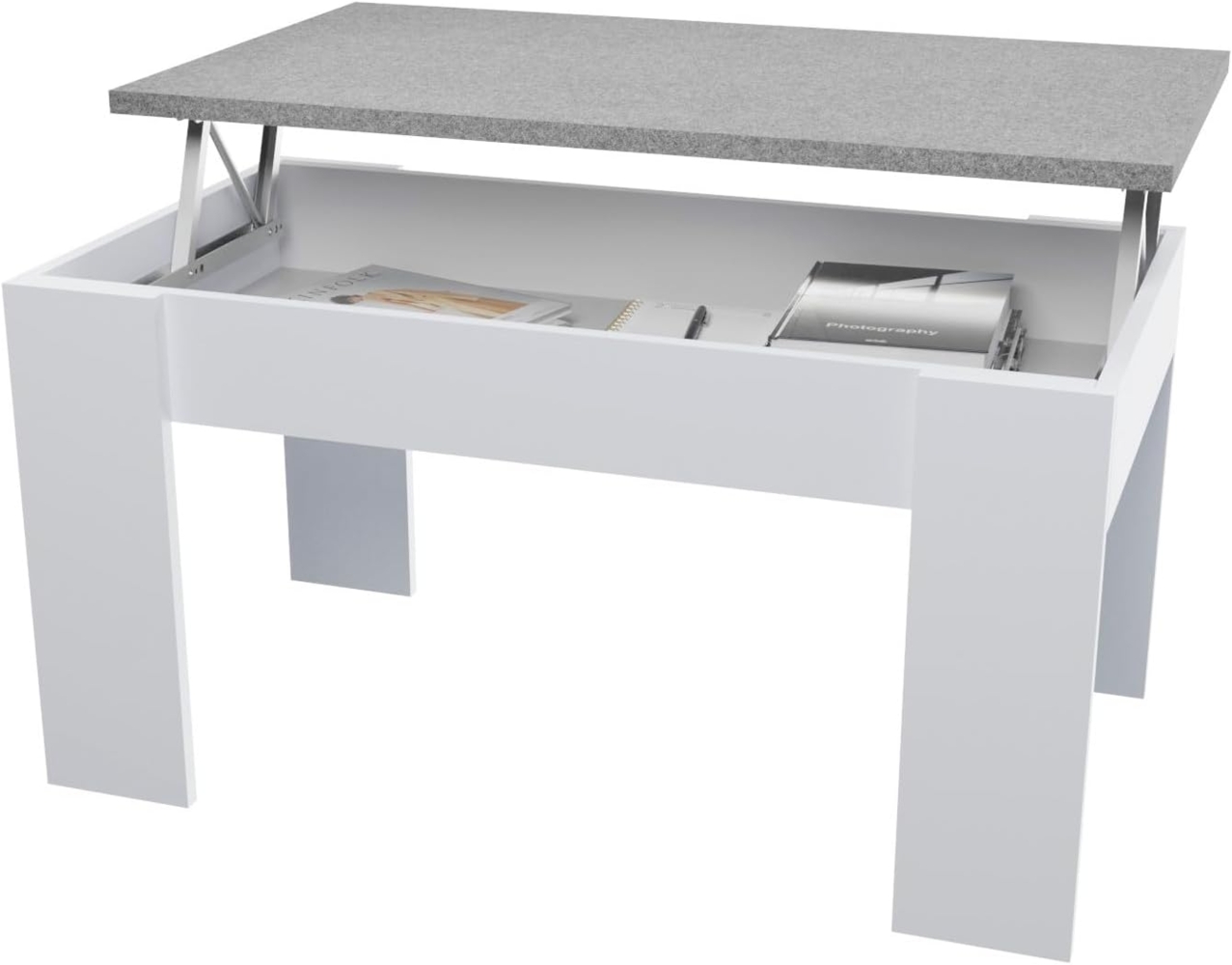 amuéblate online - Couchtisch, höhenverstellbar, für Wohnzimmer oder Esszimmer, weißes Finish mit steingrauem Deckel, Maße: 90 cm (Breite) x 50 cm (Tiefe) x 46 cm (Höhe) Bild 1