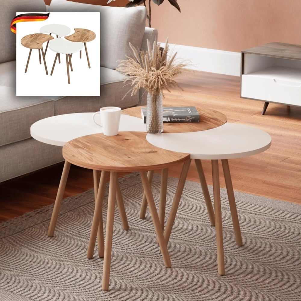 DELUKE® Couchtisch rund 4er Set YAMA - Zusammenschiebbar Sofatisch rund Stubentisch Wohnzimmertisch Kaffeetisch Beistelltisch Tisch für Couch Braun-Weiß Bild 1