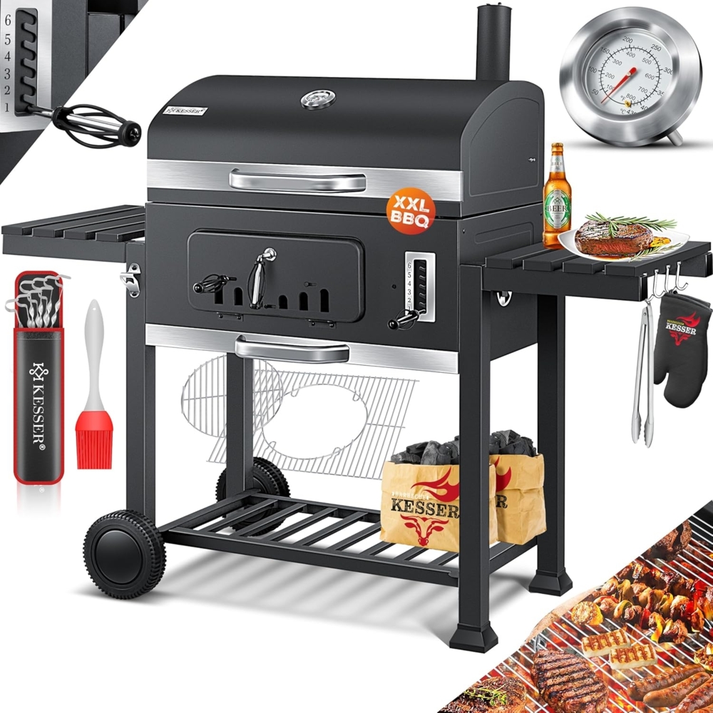 KESSER® Grill Grillwagen XXL Holzkohlegrill mit Deckel, Rädern, Edelstahl-Griff, Grillrost und Thermometer Holzkohle kohlegrill Wagen groß Kohle BBQ Barbeque Camping, Terrasse, Garten Grau, XXL, ohne Set Bild 1