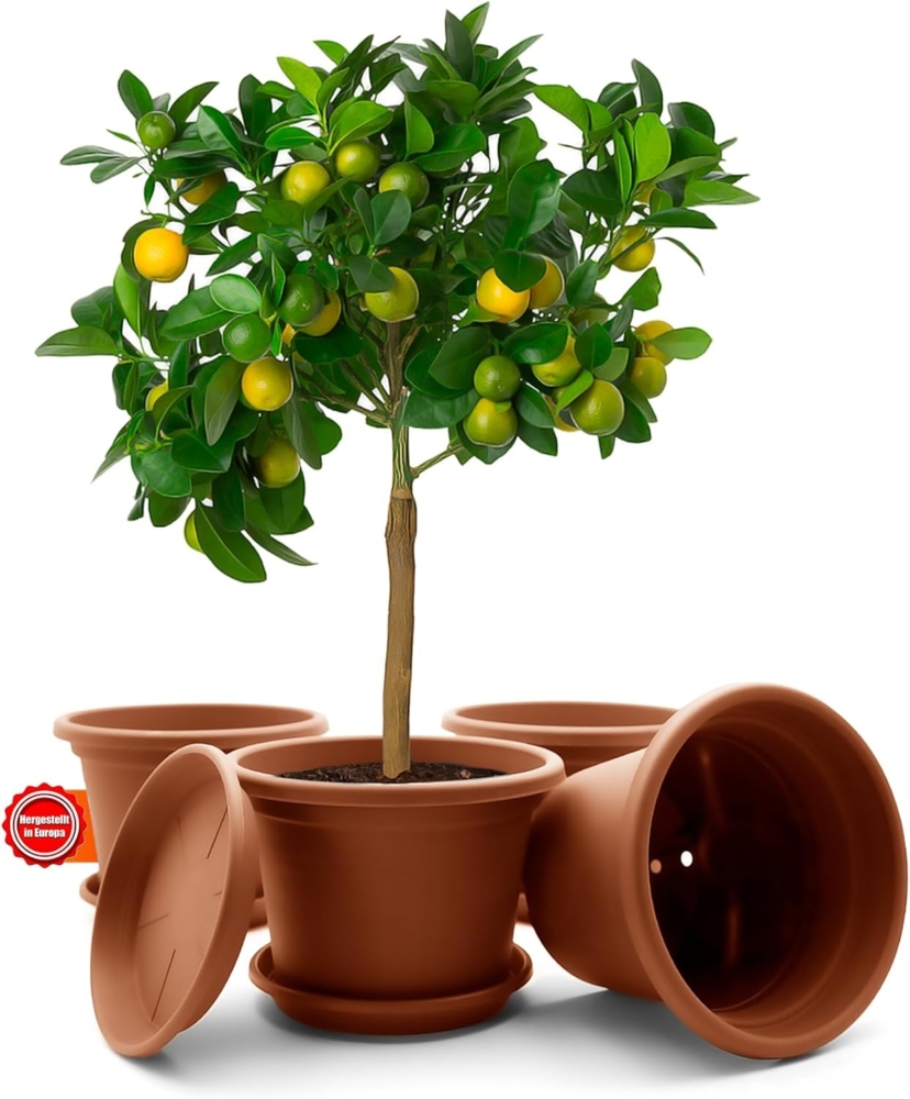 BigDean 4 Stück Blumentopf mit Untersetzer rund ø 35 cm Terracotta – wetterfester Pflanzkübel Made in Europe Bild 1