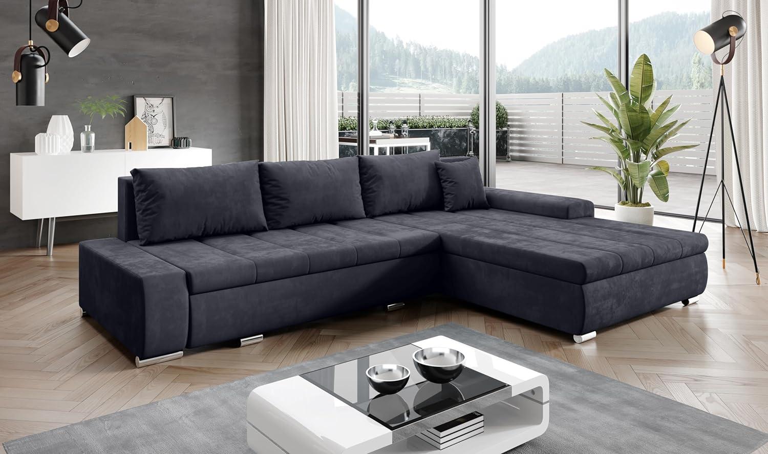 FURNIX Ecksofa Tommaso mit Schlaffunktion und Bettkasten - Couch Sofa mit Kissen - L-Form Sofa, Stellfüße in Chromoptik - B297 x T210 x H85 cm, Liegefläche 255 x 150 cm - MH97 (schwarz) Bild 1