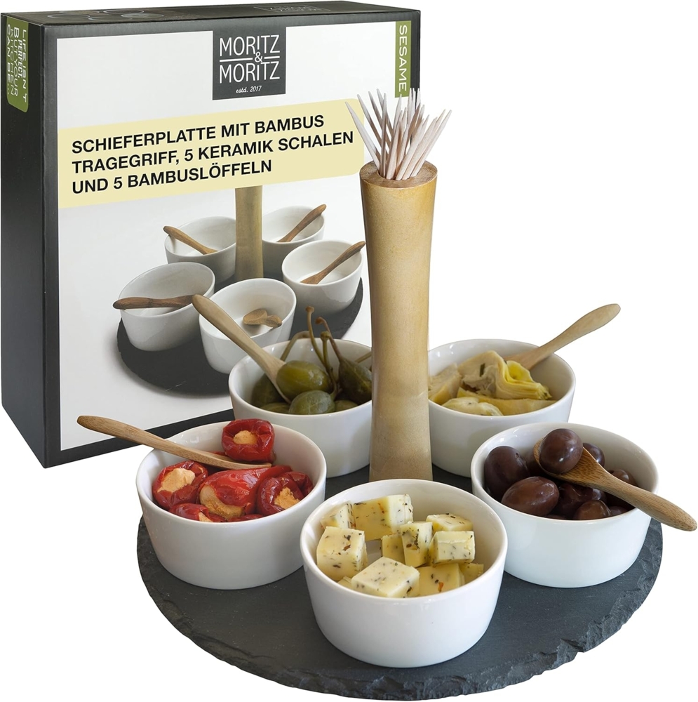 Moritz & Moritz Servierplatte Weiße Dipschalen Set mit Schieferplatte - Sesame, Keramik, (Set, 11-tlg, 11- teiliges Set), Hochwertiges Keramik Bild 1