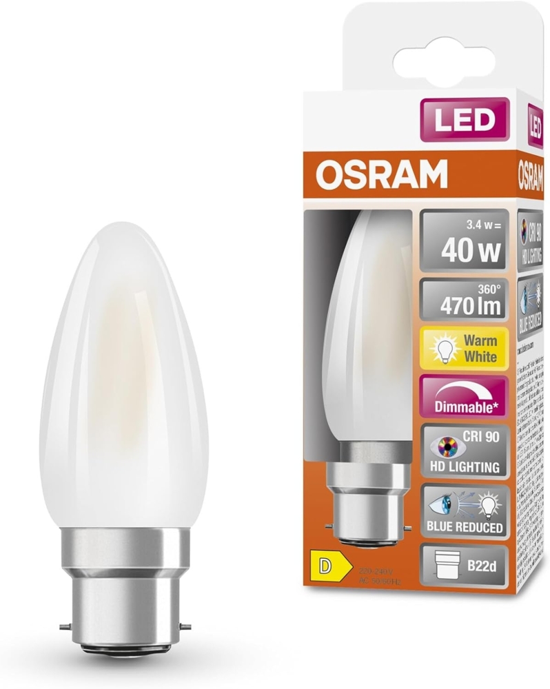 Osram Superstar dimmbare LED-Lampe mit besonders hoher Farbwiedergabe (CRI90) für B22d-Sockel, mattes Glas,Warmweiß (2700K), 470 Lumen, Ersatz für herkömmliche 40W-Leuchtmittel, dimmbar, 1-er Pack Bild 1
