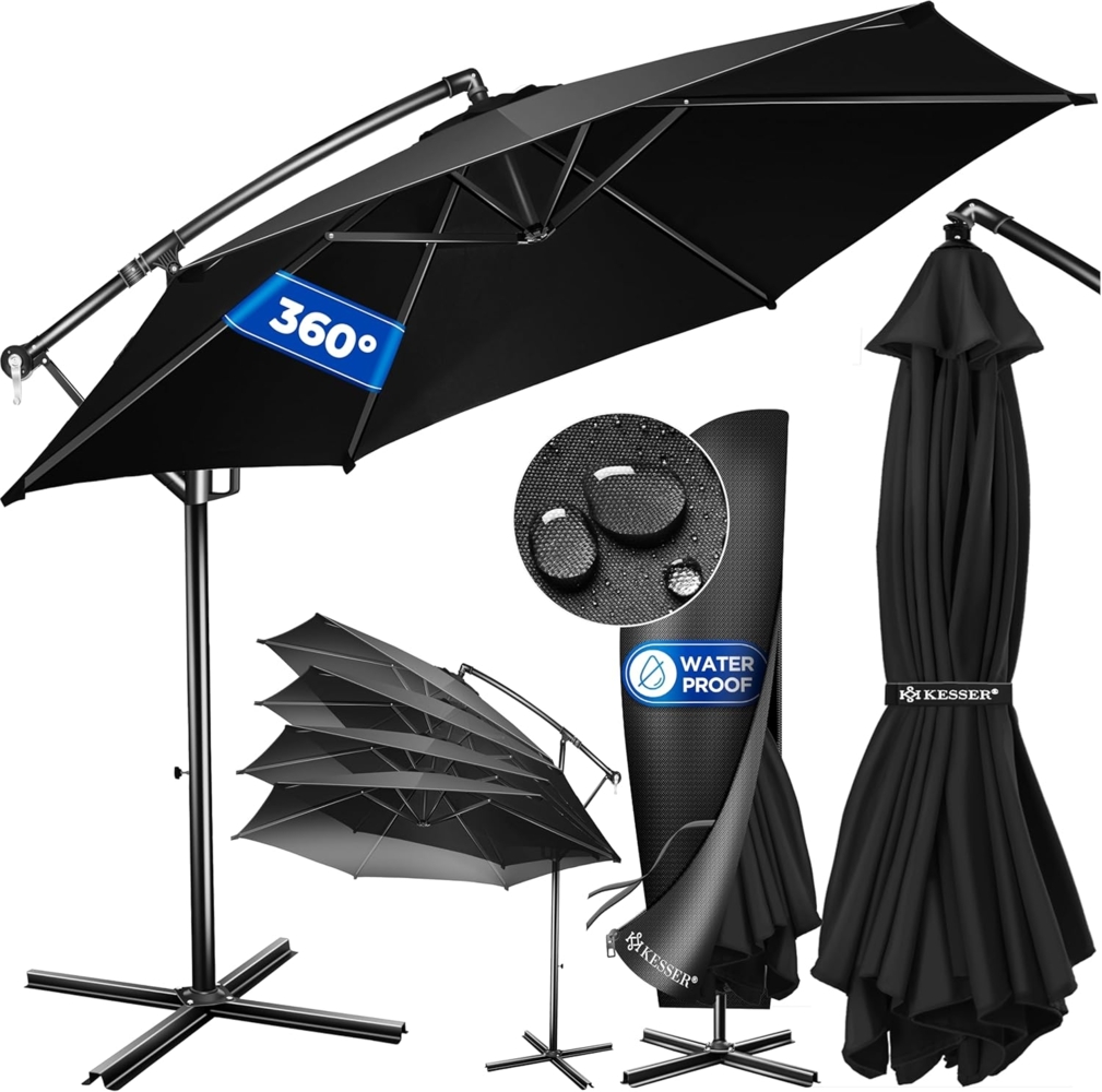 KESSER® Alu Ampelschirm Sonnenschirm + Abdeckung Ø300 cm / Ø350 cm mit Kurbelvorrichtung Kurbelschirm mit Ständer UV-Schutz Aluminium Wasserabweisende Bespannung - Schirm Gartenschirm Marktschirm Schwarz, 350cm Bild 1