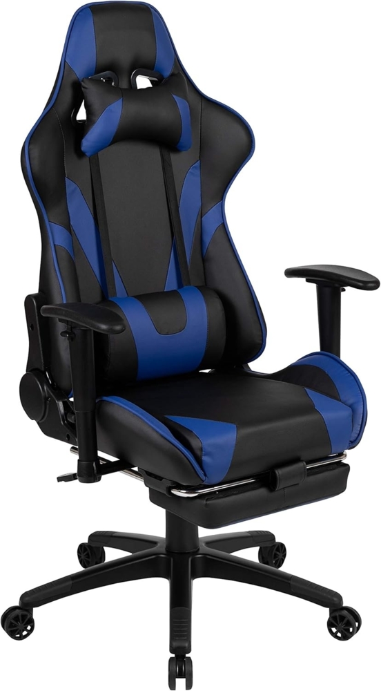 Flash Furniture Gaming Stuhl mit hoher Rückenlehne – Ergonomischer Bürosessel mit verstellbaren Armlehnen und Fußstütze – Perfekt als Zockerstuhl und fürs Home Office – Blau Bild 1