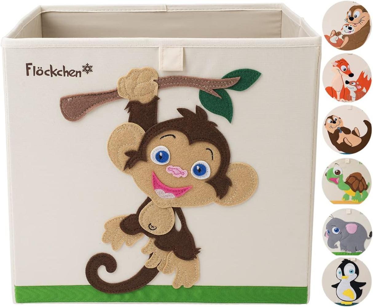 Flöckchen Kinder Aufbewahrungsbox, Spielzeugbox für Kinderzimmer I Spielzeug Box (33x33x33) passt ins Kallax Regal I Kinder Motiv Tiere (Anton der Affe) Bild 1