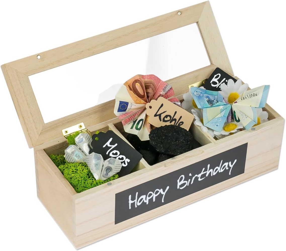 SURPRISA Geschenkbox Schotter-Schatulle Geldgeschenk, aus Paulownienholz, 3 Fächer, Geschenk zur Hochzeit, Geburtstag usw. Bild 1