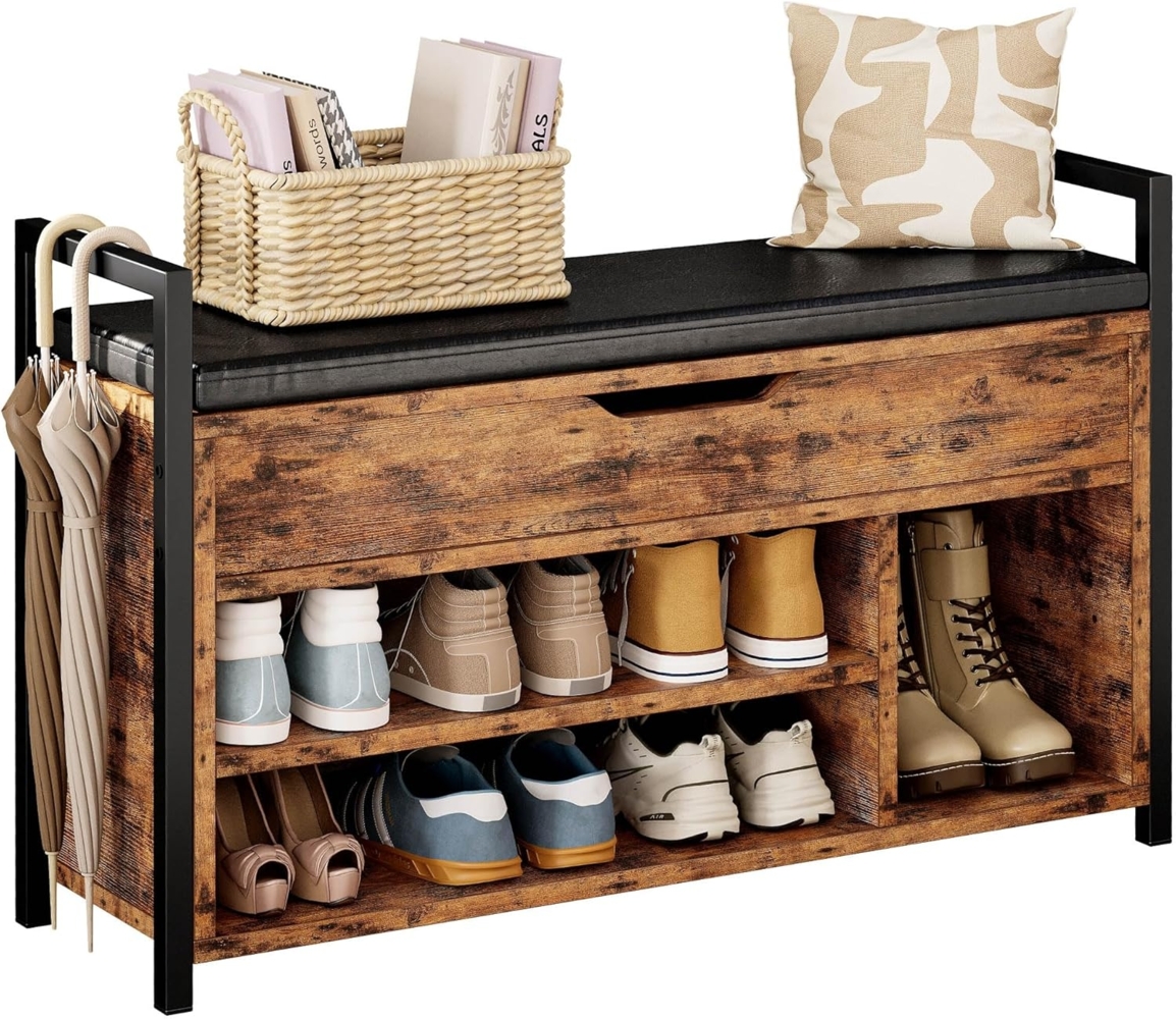 IRONCK Schuhbank mit Sitzfläche, Sitzbank mit Stauraum, Schuhschrank,100 x 30 x 62 cm, 3 offene Fächer, Kunstleder, 130kg belastbar, Schuhregal für Eingang,Flur,Wohnzimmer,Schlafzimmer (Vintagebraun) Bild 1