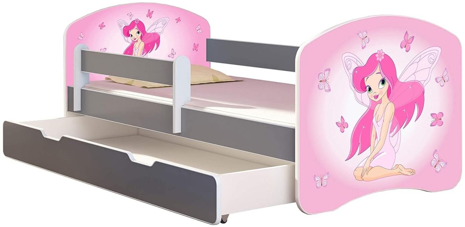 ACMA Kinderbett Jugendbett mit Einer Schublade und Matratze Grau mit Rausfallschutz Lattenrost II (07 Rosa Fee, 180x80 + Bettkasten) Bild 1