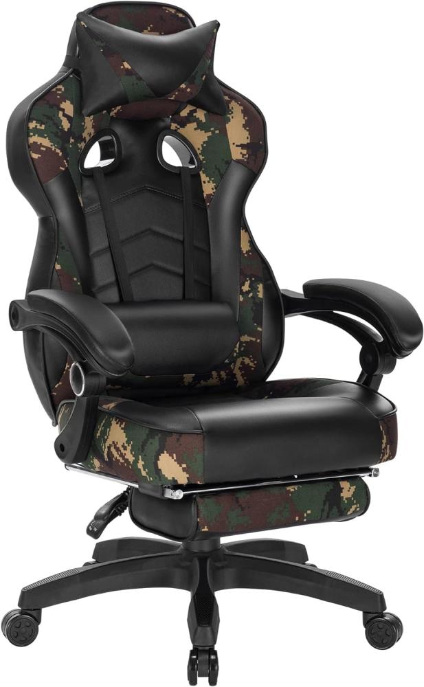 WOLTU Gaming Stuhl Racing Stuhl Bürostuhl Chefsessel Schreibtischstuhl Sportsitz mit Kopfstütze und Lendenkissen, mit Fußstütze, Kunstleder+Stoff, höhenverstellbar, Camouflage, BS71cm Bild 1