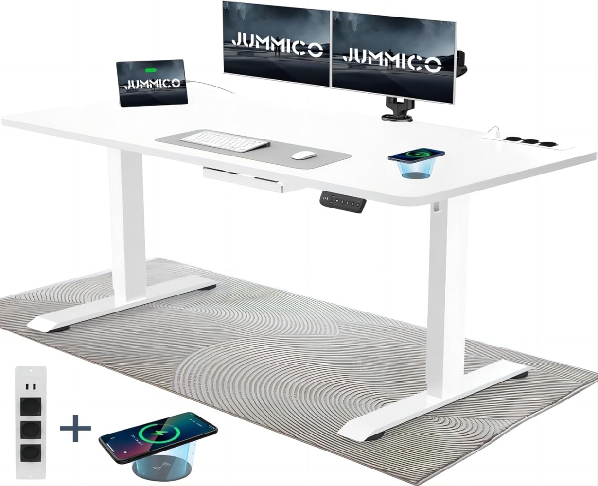 JUMMICO Höhenverstellbarer Schreibtisch mit Kabelloser Ladestation und Euro-Steckdose mit USB, Schreibtisch Höhenverstellbar Elektrisch Stehtisch, Standing Desk (Weiß 160x80 cm) Bild 1