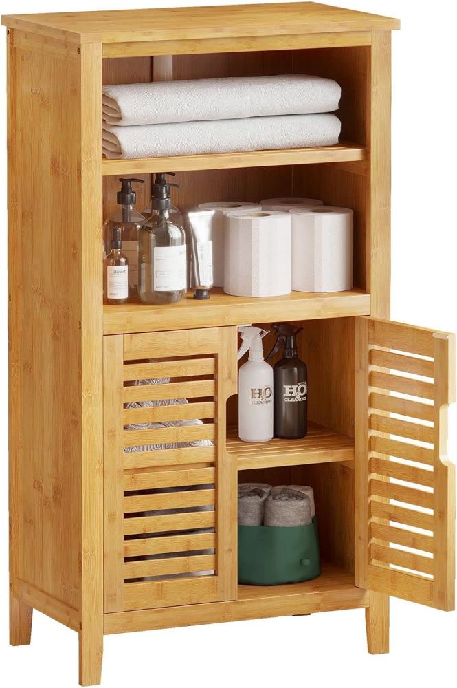 VIAGDO Badezimmerschrank Bambus, Badschrank mit 2 offenen Fächern und 2 Lamellentüren, Küchenschrank, multifunktional Schrank für Badezimmer, Wohnzimmer, Küche, Flur, 50 x 92,3 x 29 cm (B x H x T) Bild 1