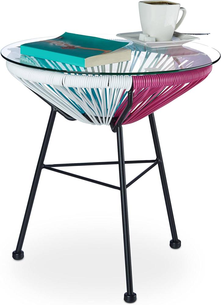 Relaxdays Beistelltisch Balkon RAYA, bunt, Rund, Glasplatte, Modern Design, HxD: 46x45 cm, Outdoor, türkis-weiß-pink Bild 1
