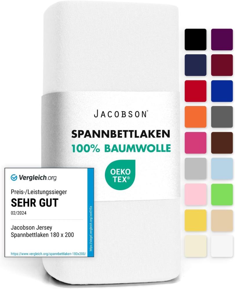 Jacobson Jersey Spannbettlaken Spannbetttuch Baumwolle Bettlaken (140x200-160x200 cm, Weiss) Bild 1