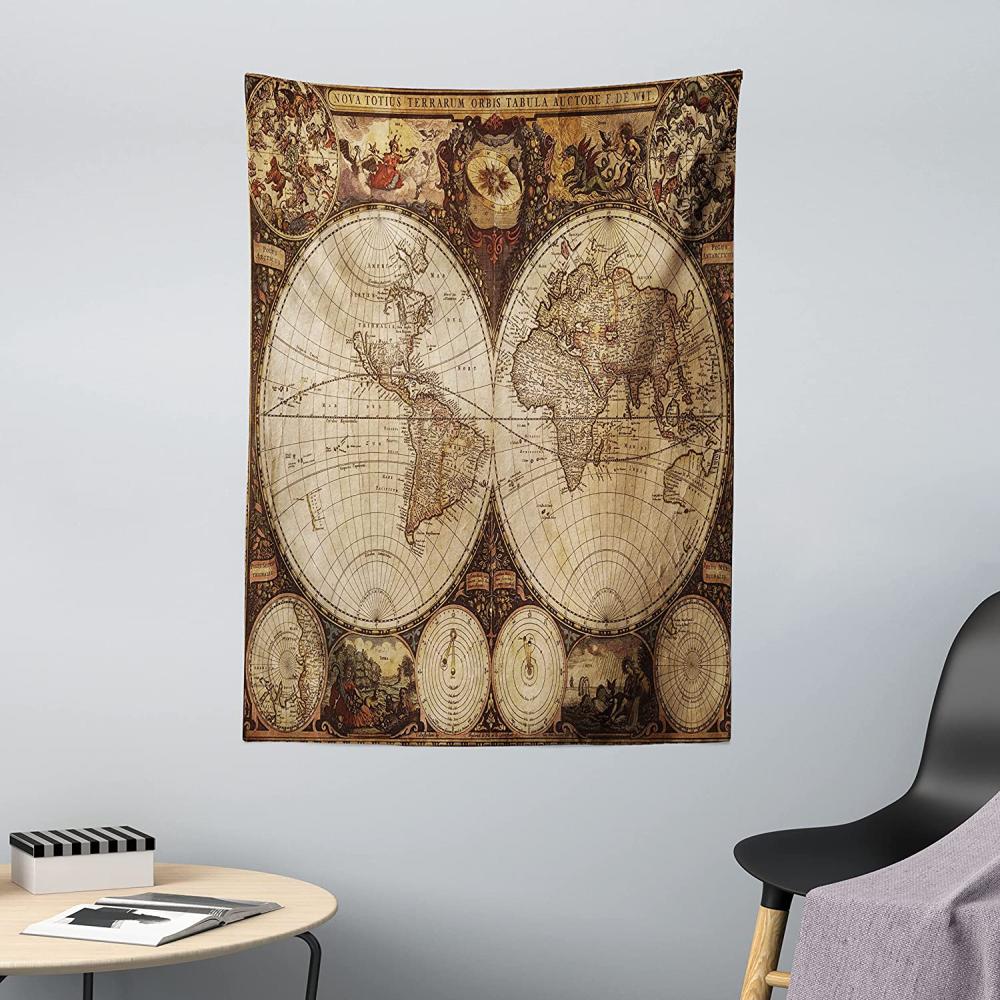 ABAKUHAUS Weltkarte Wandteppich und Tagesdecke, Historic Old Atlas, aus Weiches Mikrofaser Stoff Wand Dekoration Für Schlafzimmer, 110 x 150 cm, Multicolor Bild 1