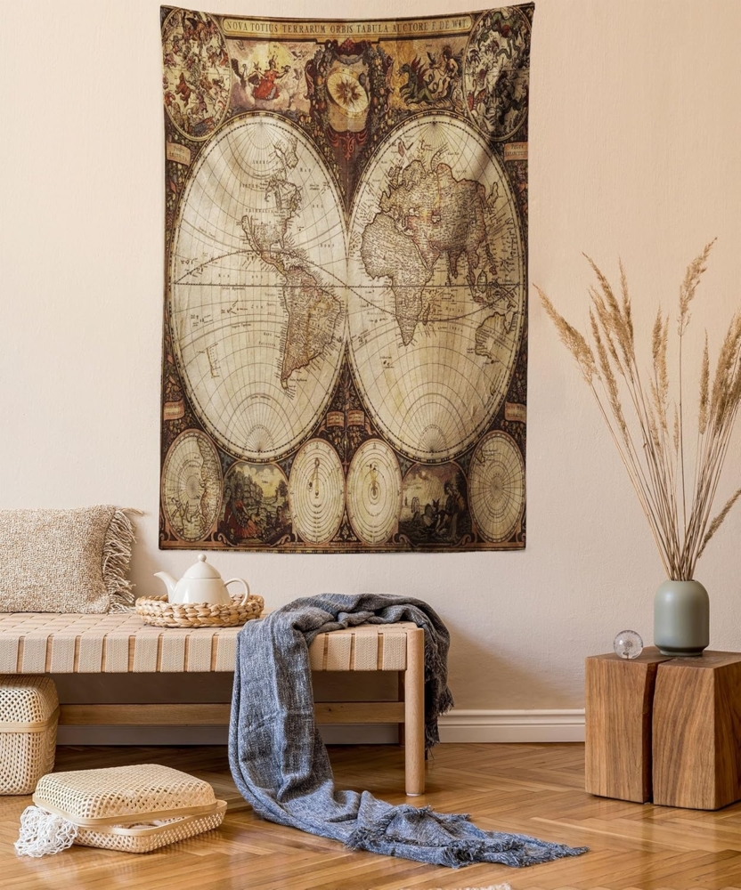 ABAKUHAUS Weltkarte Wandteppich und Tagesdecke, Historic Old Atlas, aus Weiches Mikrofaser Stoff Wand Dekoration Für Schlafzimmer, 110x150 cm, Multicolor Bild 1