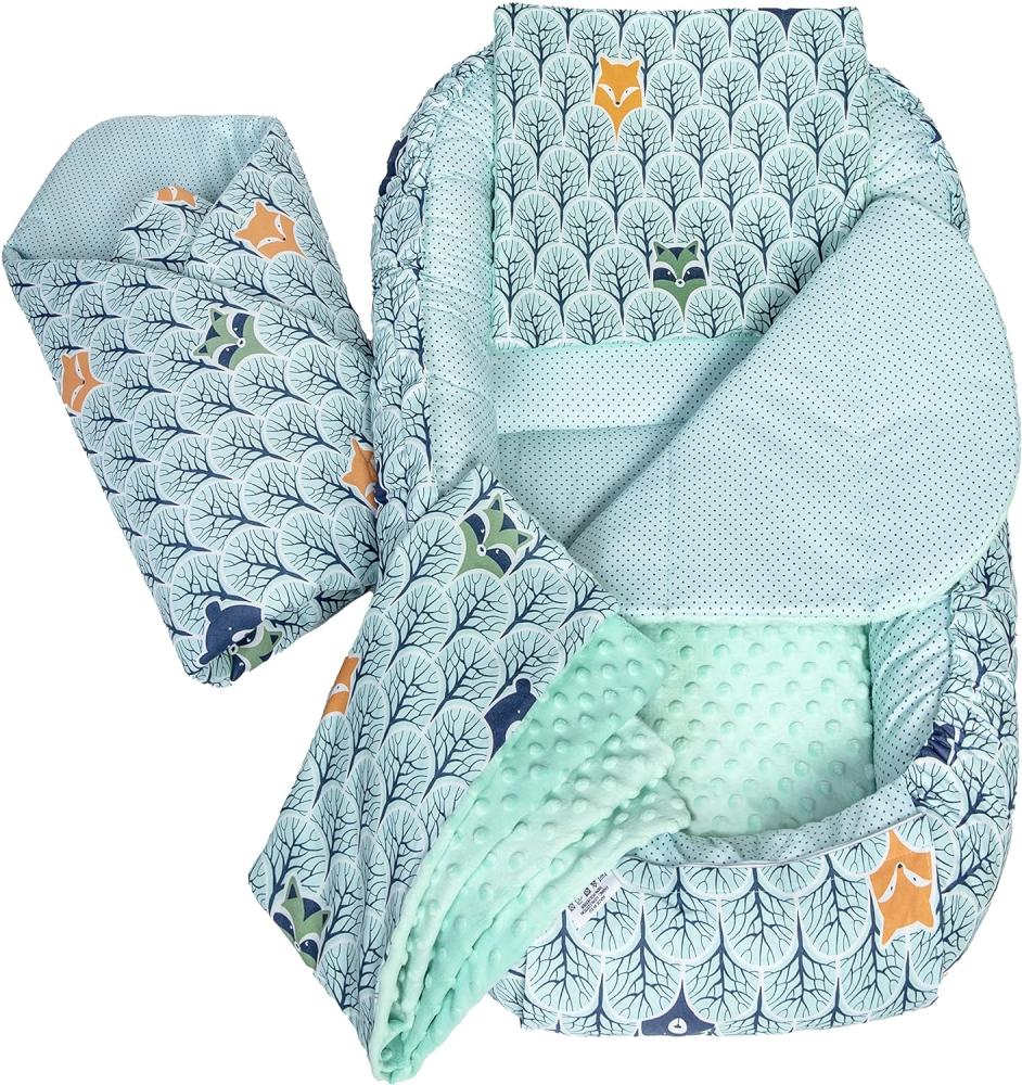 Medi Partners Babynestchen 5 teiliges Set Babynest 100x60x15 cm herausnehmbarer Einsatz Bett Kuschelnest Krabbeldecke Babys Neugeborene 100% Baumwolle (Wald mit Minzer Minky) Bild 1