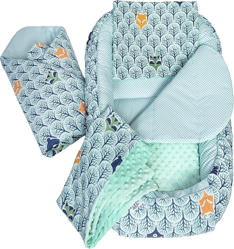 Medi Partners Babynestchen 5 teiliges Set Babynest 100 x 60 x 15 cm herausnehmbarer Einsatz Bett Kuschelnest Krabbeldecke Babys Neugeborene 100% Baumwolle (Wald mit Minzer Minky) Bild 1