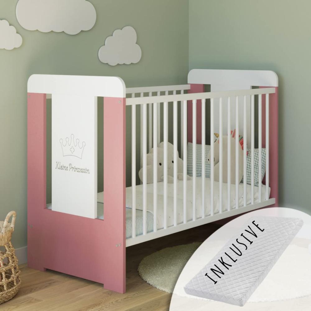 Kids Collective Babybett Gitterbett höhenverstellbar, herausnehmbare Sprossen, Kleine Prinzessin Gravur 60x120 weiss pink Mädchen, mit Matratze Bild 1