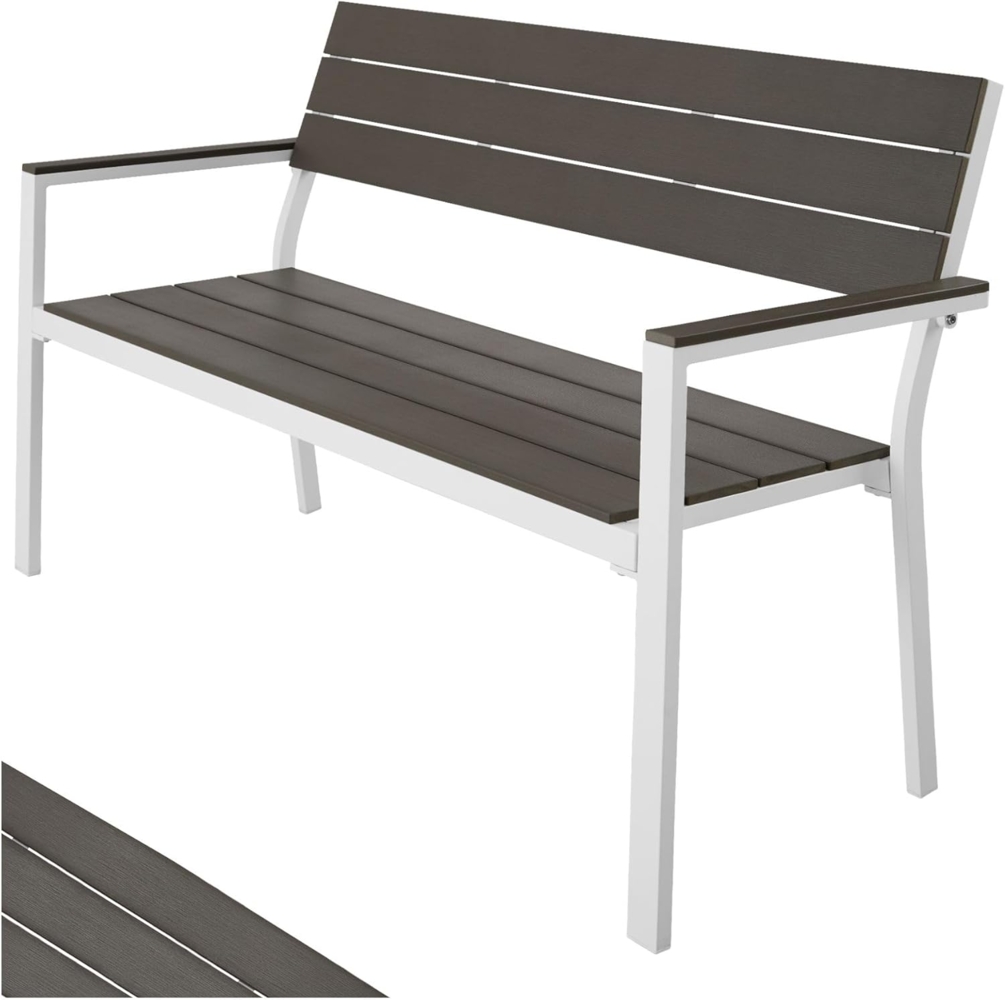 tectake® Gartenbank, Bank in Holzoptik, Parkbank als Gartenmöbel, Balkonbank Sitzbank für Wintergarten, Terrasse, Garten bis 250 kg belastbar, 2-Sitzer Parkbank, 128 x 59 x 88 cm - hellgrau/weiß Bild 1