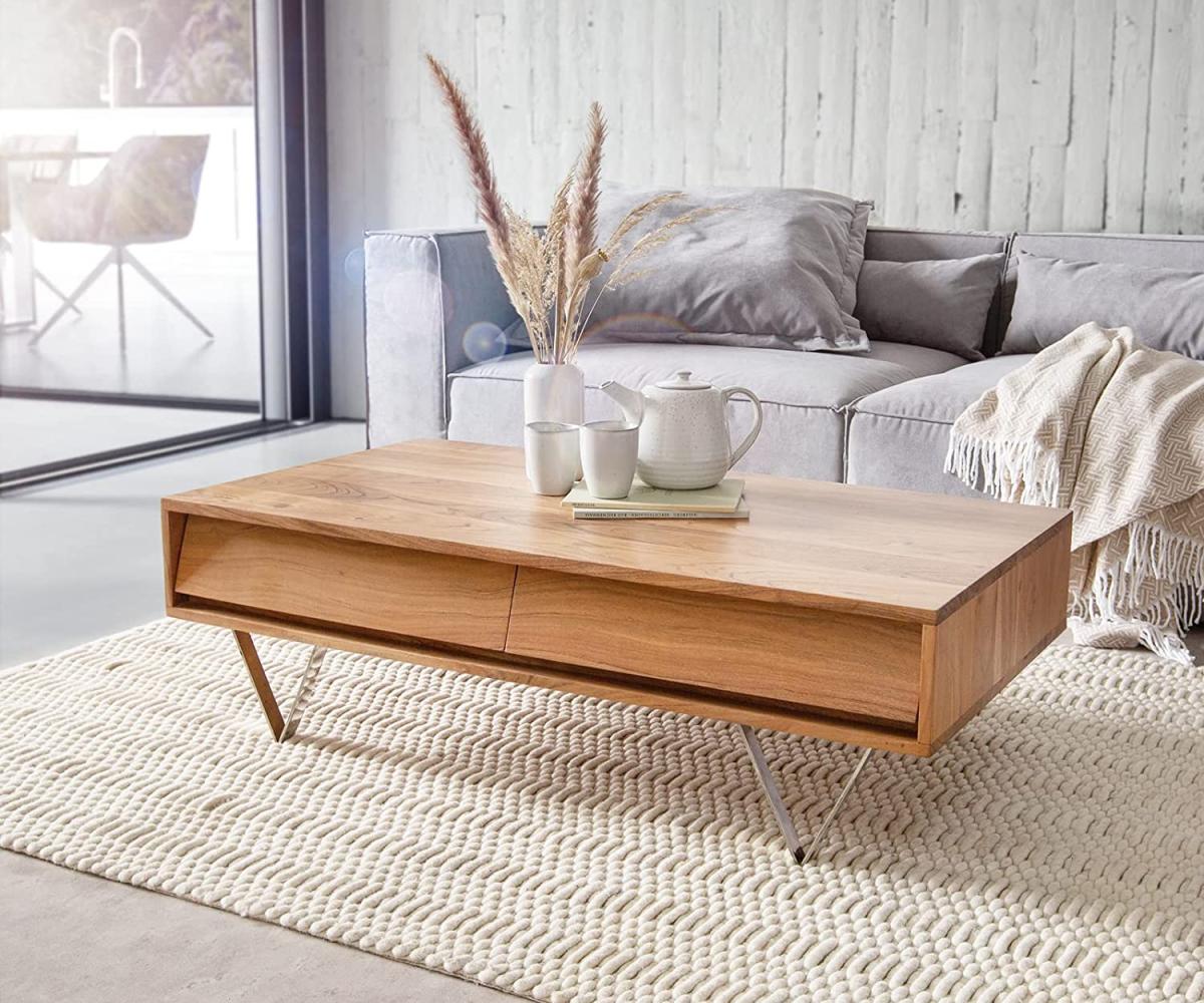 Couchtisch Eloi 115x60 cm Akazie Natur 4 Schubladen V-Fuß Edelstahl Bild 1