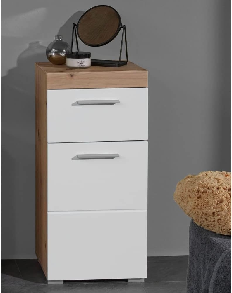 Badschrank ALTENA-19 in Weiß Hochglanz mit Absetzung in Asteiche Nb, B/H/T: ca. 37/79/31 cm Bild 1