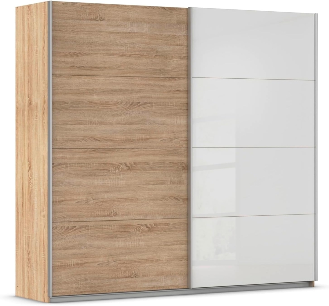 Rauch Schwebetürenschrank 2-türig Eiche Sonoma, Glaspaneele Weiß, BxHxT 226 x 210 x 62 cm Bild 1