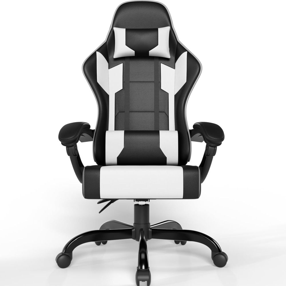 JUMMICO Gaming Stuhl, Bürostuhl Ergonomisch mit Lendenwirbelstütze, Massage Bürostühle Sessel, Höhenverstellbar Liegestuhl Schreibtischstuhl 150kg Belastbarkeit, Schwarz Weiß Bild 1