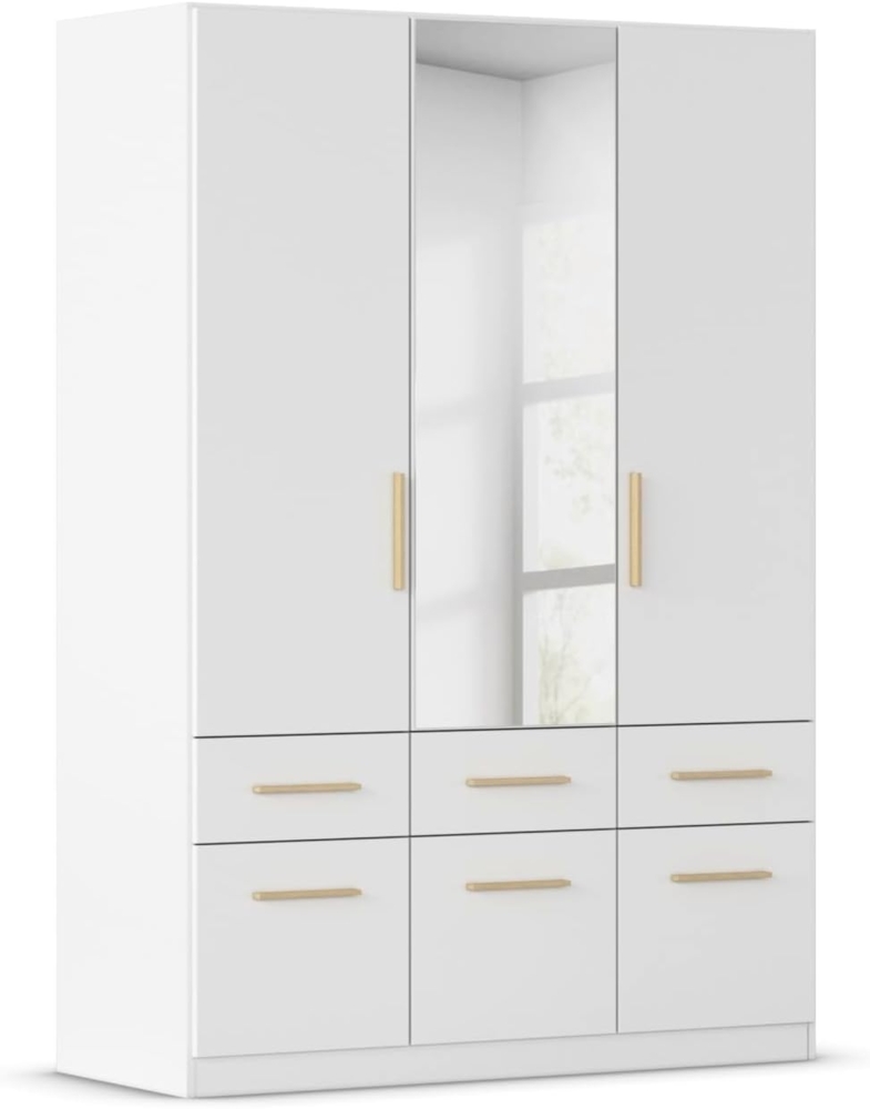 Rauch Möbel Dundee, Kleiderschrank, Schrank, Garderobe, Organizer, 3-türig, mit Spiegel, 6 Schubladen für mehr Stauraum, Farbe Weiß, Holzgriff Eiche Massiv, 136 x 197 x 54 cm Bild 1
