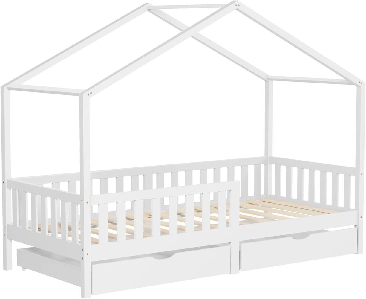 ML-DESIGN Spielbett Hausbett Kinderbett inkl. 2 Schubladen, Lattenrost und Rausfallschutz, Abenteuerbett 90x200cm Haus Bett Himmelbett Kiefer Jugendbett Weiß Bild 1