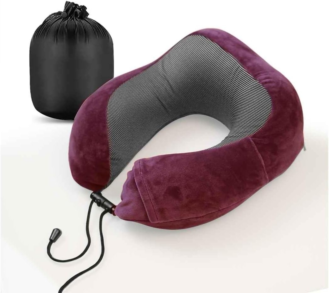 Cozyor Nackenstützkissen Memory Nackenkissen mit verstellbarem Verschluss + praktischer Tasche, Bezug: waschbarer Bezug, Set, Nackenhörnchen zum Reisen, klein & kompakt, rot bordeaux Berry, auch im Reise-Set mit Reisedecke & Augenmaske erhältlich Bild 1