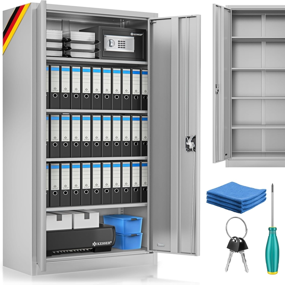 KESSER® Aktenschrank abschließbar mit Flügeltüren 180x60x40cm | Büroschrank aus Stahl mit 4 höhenverstellbaren Einlegeböden | Mehrzweckschrank 5 flexible Fächer, max. 40 kg pro Fach, inkl. 2 Schlüssel Grau, 180 x 60 x 40 cm Bild 1