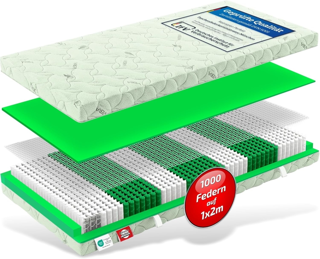 Matratzen Perfekt Tonnentaschen-Federkern-Matratze München mit 1000 Federn und Aloe-Vera veredeltem Bezug in den Härtegraden H2, H3, H4, Höhe 23 cm, TTFK/TFK (H4, 140x200 cm) Bild 1