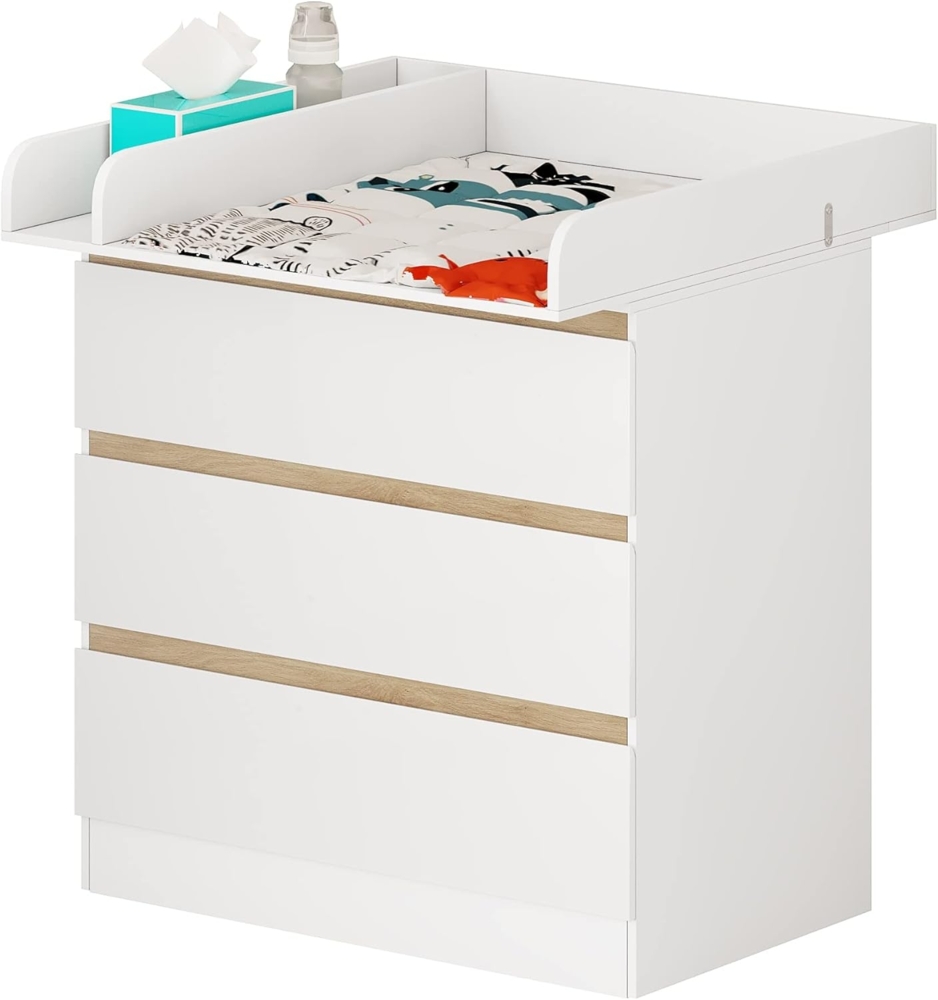 WOLTU Wickelkommode mit Wickelaufsatz, Wickeltisch, Kommode mit 3 Schubladen, Wickelaufsatz abnehmbar, mit Kippschutz, 86 cm für Lendenwirbelschutz, Weiß+Eiche Bild 1