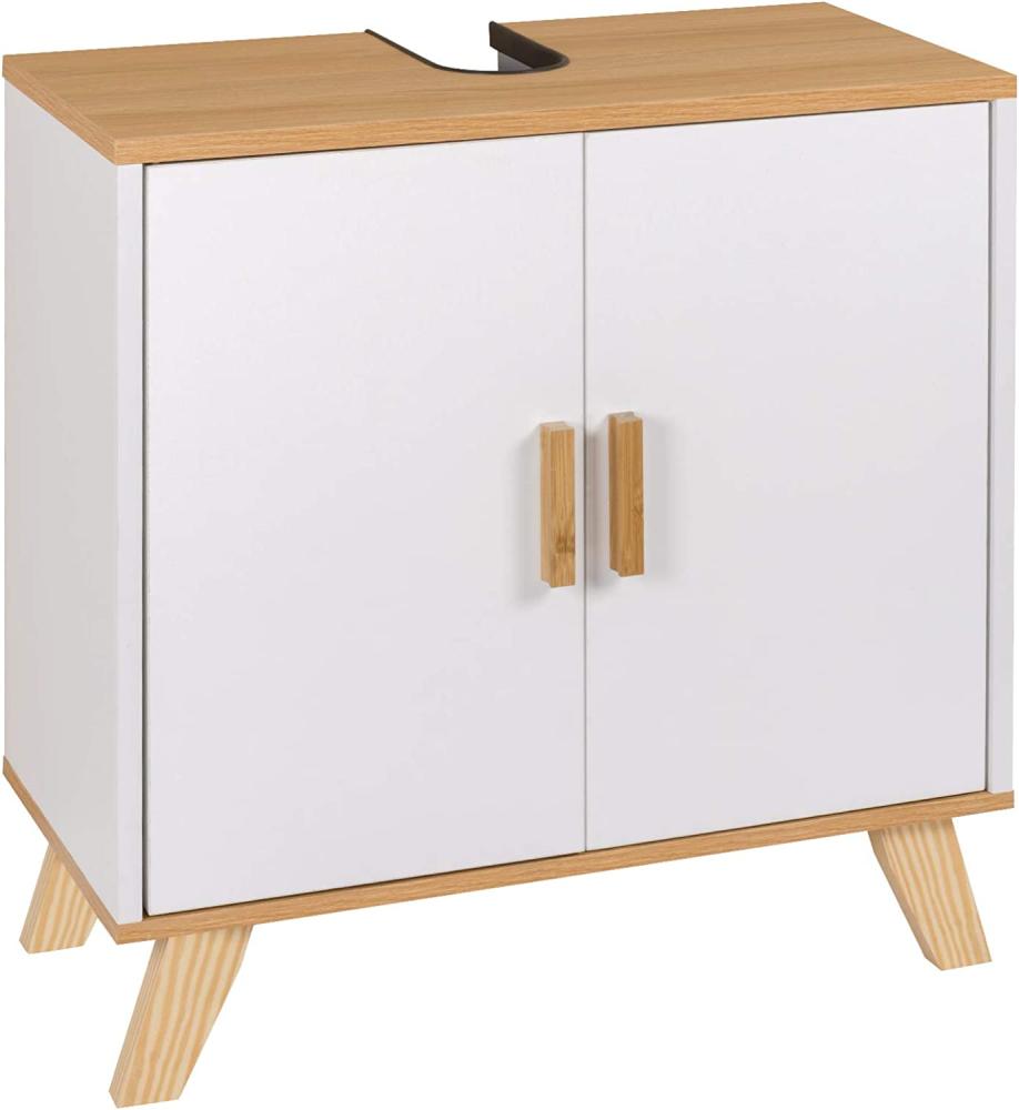 eSituro SBP0026 Waschbeckenunterschrank Badschrank mit Siphonausschnitt Waschtischschrank Badzimmerschrank Badregal Aufbewahrungsschrank verstellbare Ebene aus MDF Bambus Weiß Natur Bild 1