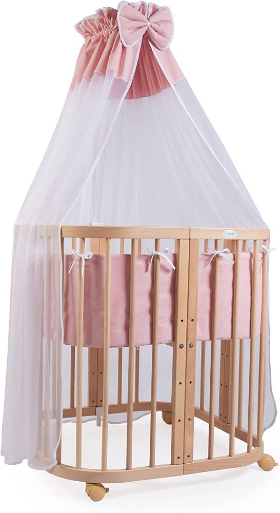 Waldin Babybett aus Holz 7in1 mit Matratze, mitwachsendes Kinder-Bett, belüftet, Boden 5-fach verstellbar, All-Inclusive-Set Holz natur, Stoffe lachs Bild 1