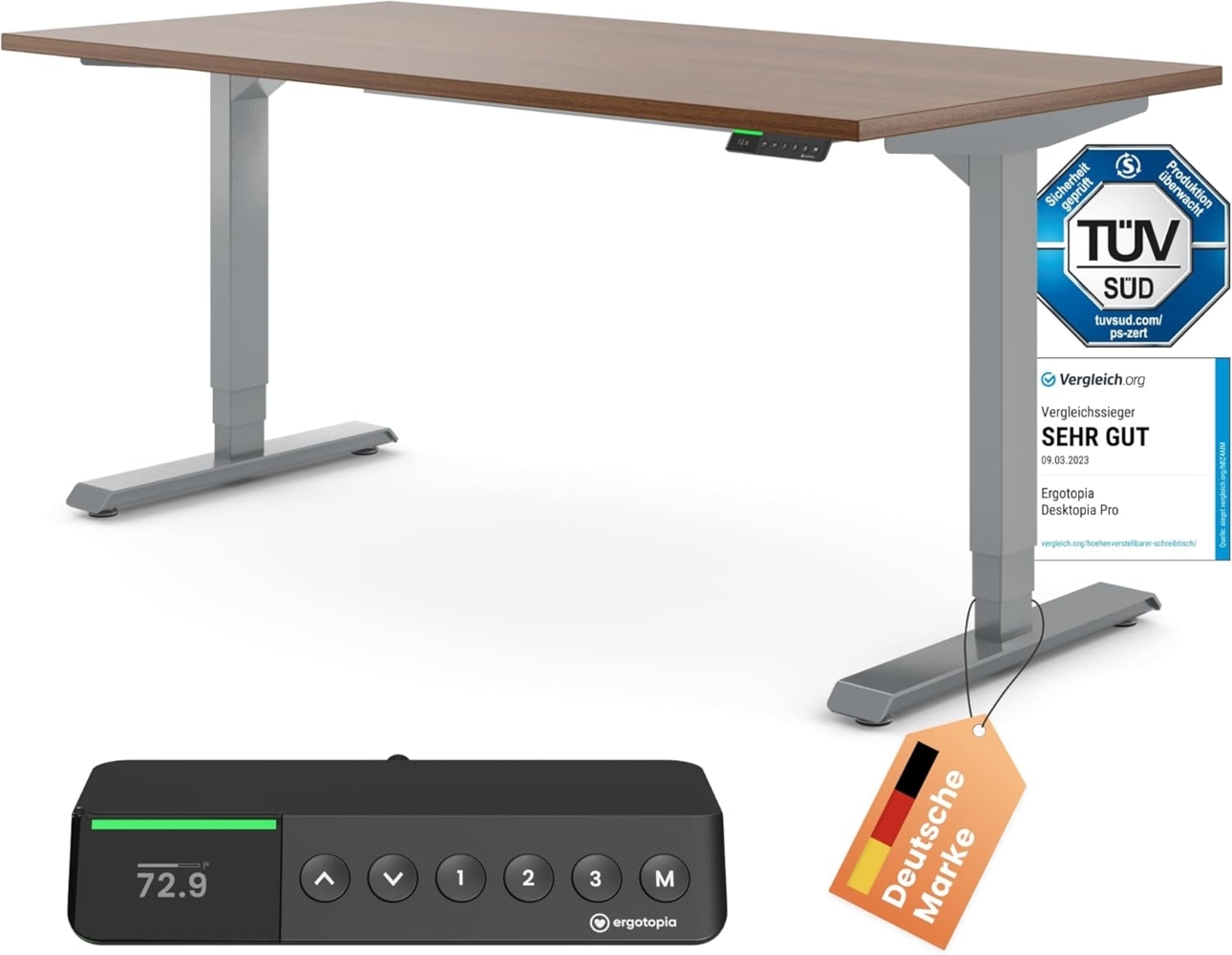 Desktopia Pro X - Elektrisch höhenverstellbarer Schreibtisch / Ergonomischer Tisch mit Memory-Funktion, Nussbaum, Gestell Grau, 180x80 cm Bild 1